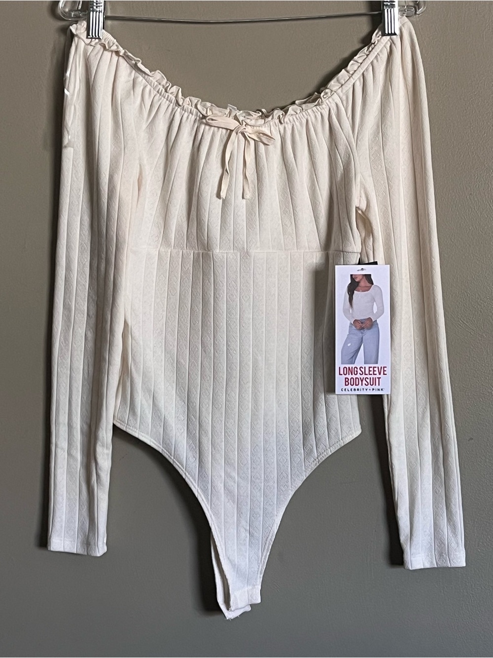 Celebrity Pink Ivory Long Sleeve Off-Shoulder Bodysuit